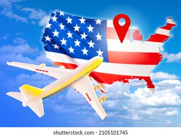 Flight to USA. Plane of United States of America. American airlines. Concept for plane ticket to USA. USA map in colors of flag on background of sky. Air travel in America. Air ticket to US 3d image