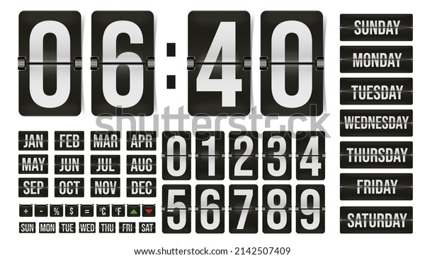 Flip flap clock\
number, calendar day, month, calculator sign. Analog counter,\
scoreboard panel, automatic mechanical watch timer device\
illustration isolated on white\
background