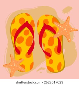 flip flops rest on soft sand under a bright sky and sun. They are perfect for a beach day.