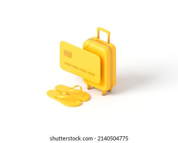 Flip Flops And Yellow Briefcase With Credit Card On White Isolated Background. Bank Metaphor, Revealing The Concept Of Credit For Travel And Shopping Abroad. 3d Render