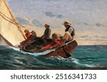 The Flirt (1874) by Winslow Homer. Vintage sailboat art drawing illustration, old painting art print. Boat at sea painting.