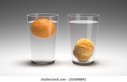 Float or sink mandarin experiment with full of water glass. 3D Render.