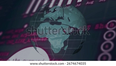 Floating 3D digital globe showing latitude longitude gridlines in virtual GUI, with magenta code. Technology, innovation, data visualization, cybersecurity, digital environment, financial analytics,