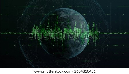 Floating 3D Earth globe in virtual space, with neon green waveform, wireframe sphere with markers. Futuristic, cyber, technology, connectivity, digital, network, data visualization