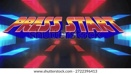 Floating 3D PRESS START hovering over tunnel with cyan magenta panels, red pads, glossy floor glow. Title, retrofuturistic, neon, corridor, reflections, perspective, arcade