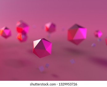 Floating abstract geometric shapes. Low poly crystals on a purple pink background. 3D Illustration.