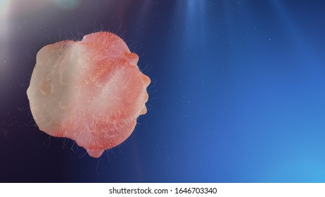 Floating bacteria light blue background. Viruses causing infection and blank space from right. 3D illustration