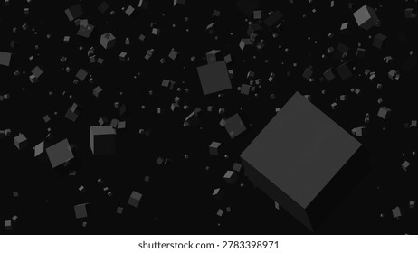 Floating black cubes in dark chaotic digital spatial composition
