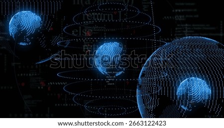Floating blue point-cloud globe rotating on right in digital network, with binary code, copy space. Digital, futuristic, technology, connectivity, cyber, data, network