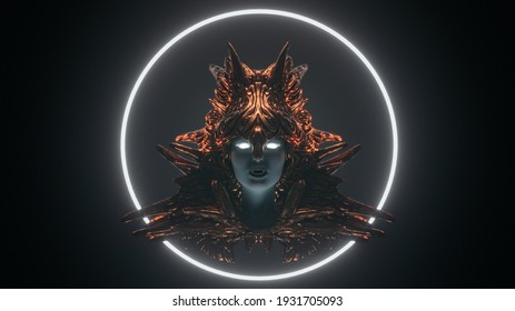 Floating bust of beautiful pale-faced vampire girl with white eyes, wears bronze helmet on dark scene with fog glowing futuristic circle. Medieval female knight. 3d render creative cover fantasy world