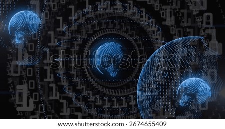 Floating central dotted globe rotating in cyberspace, with binary digits, data rings, trajectories. Futuristic, technology, data, network, digital, abstract, virtual