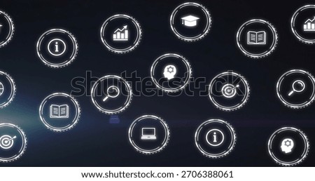 Floating cluster of glowing circular UI icons hovering over deep navy gradient, with light streak. Interface, holographic, dashboard, analytics, education, exploration, minimal