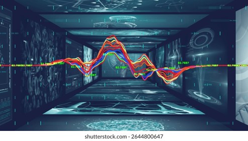 Floating colorful waveform graph winding through data tunnel, with schematics and numeric overlays. Futuristic, digital, cybernetic, immersive, analytical, sci-fi, high-tech
