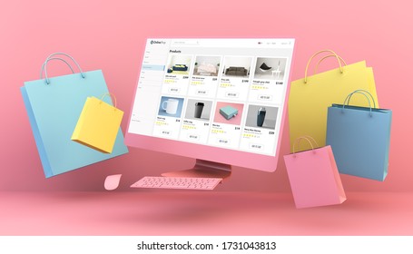 Floating Computer Online Shop And Shopping Bags In Pink Background 3d Rendering