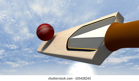 A Floating Cricket Bat Hitting A Red Leather Cricket Ball Against A Blue Sky