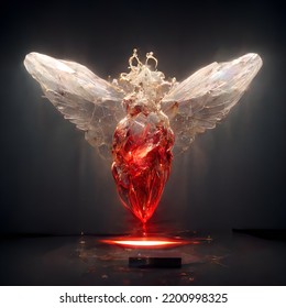 Floating Crystal Heart With Wings.