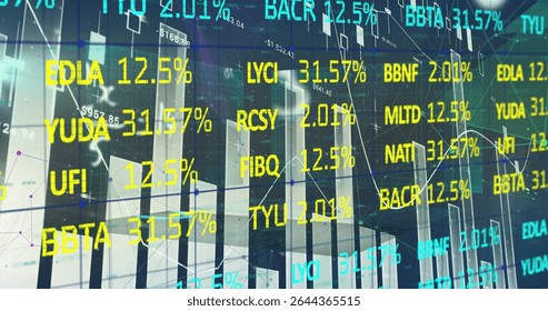 Floating data overlays showing percent changes and stock tickers in dashboard, with bar graphs. Technology, finance, analytics, data visualization, digital, futuristic, market