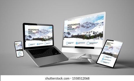 Floating Devices Mockup With Responsive Web Design 3d Rendering
