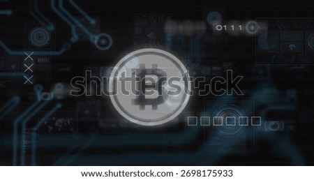 Floating digital disc featuring Bitcoin symbol over blockchain interface, with blue circuit traces. Technology, fintech, futuristic, digital, innovation, network, cryptocurrency