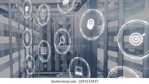 Floating digital interface icons illuminating data center corridor, with server racks, cable trays. Technology, futurism, data, cybersecurity, infrastructure, innovation, digital