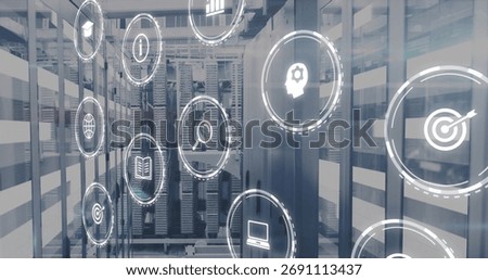 Floating digital interface icons illuminating data center corridor, with server racks, cable trays. Technology, futurism, data, cybersecurity, infrastructure, innovation, digital