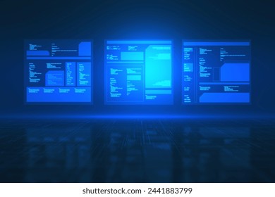 Floating digital screens with code on a neon blue cyberspace background, conveying a futuristic technology concept. 3D Rendering