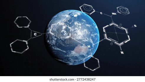 Floating Earth globe showing clouds and lands in navy grid space, with wireframe chemical diagrams. Planet, visualization, data, chemistry, molecules, glow, orbit