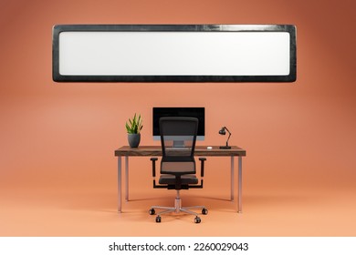 floating empty search box with single office computer workspace discount offer; copy space; orange background;  online ecommerce concept; 3D Illustration