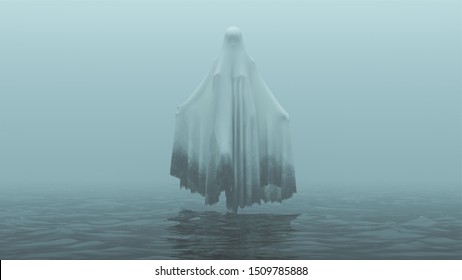 Floating Evil Spirit Ghost with one Knee Raised and Arms Out in a Death Shroud Over Water on a Foggy Day Front View 3d Illustration 3d Rendering