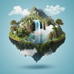 Floating Fantasy Island With Green Trees And Grass, Waterfalls, Isolated With Clouds. Flying Heaven Land Realistic 3d Illustration Design.