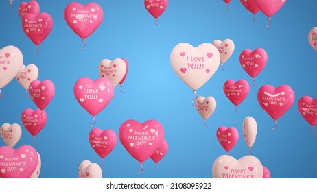 Floating, flying Valentine’s Day festive balloons. Pink, white colored heart shaped balloons with signs. Abstract romantic greeting. Blue background. Beautiful 3D Render celebrative illustration