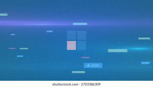 Floating four-pane translucent grid showing pink pane in digital interface, with blue LIKED badge. Gradient, neon, abstract, minimalist, square, center, stars