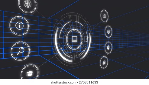 Floating futuristic circular interface displaying laptop icon in blue grid, with icon stacks. Holographic, hud, cyberspace, virtual, neon, panels, data