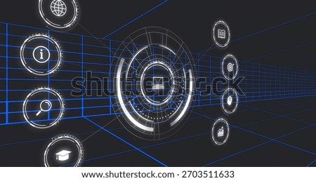 Floating futuristic circular interface displaying laptop icon in blue grid, with icon stacks. Holographic, hud, cyberspace, virtual, neon, panels, data