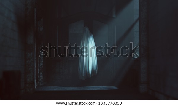 Floating Ghost Evil Spirit in a Derelict Asylum Hospital\
3d Illustration\
