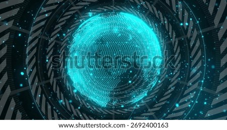 Floating glowing cyan data sphere in futuristic digital void, drifting particles and swirling lines. Futuristic, digital, abstract, technology, network, visualization, sci-fi