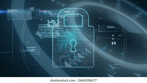 Floating glowing teal padlock icon in virtual interface, with hexagonal motifs and scrolling code. Cybersecurity, data protection, digital interface, futuristic, technology, network security,