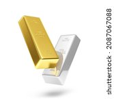 Floating Golden and Silver Bars on white background. 3d Rendering