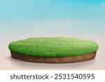 Floating grass island with lush green grass background. Grass island in gradient sky. Circular grass patch, vibrant green.