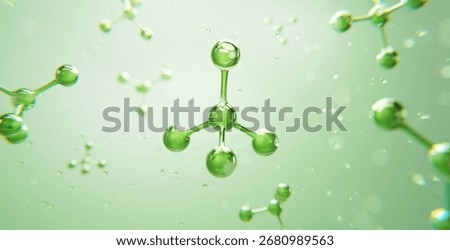 Floating green molecular structure in soft focus. Ideal for clean science, organic chemistry, and innovative cosmetic backgrounds.