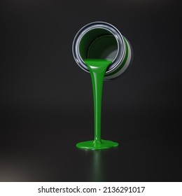 Floating Green Paint Can Pour Out. 3D Illustration