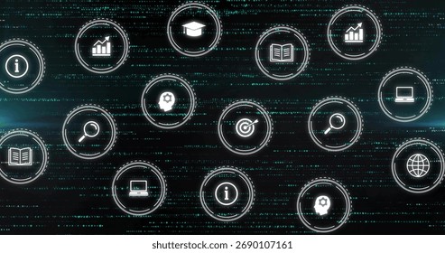 Floating icon cluster hovering over dark code grid, with data, info, search and education icons. Digital, futuristic, interface, holographic, technology, data, innovation