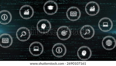 Floating icon cluster hovering over dark code grid, with data, info, search and education icons. Digital, futuristic, interface, holographic, technology, data, innovation