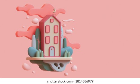 Floating Island In Air. Cute Green Cozy Eco House With Bushes, Tall Trees, Red Clouds. Stay Home. Modern Cartoon House With Windows, Blue Door. Spring Mood. Hello Summer. 3d Render In Pastel Colors.