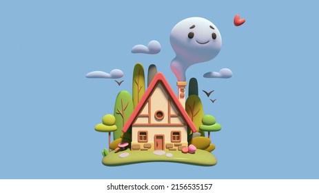 Floating Island In Clouds With A Cute Little Yellow Country House, Red Roof, Windows, Brick Chimney Stands On A Green Lawn. Kawaii Smoke With Smiling Face, Eyes, Eyebrows. 3d Render On Blue Backdrop.