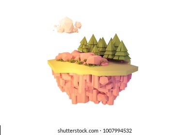 Floating Island Isolated Landscape 3d Low Poly Art Illustration.