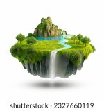 Floating island with lake and waterfalls, trees, green grass, river. floating island with blue water and mountains, cliffs. Flying island landscape.
