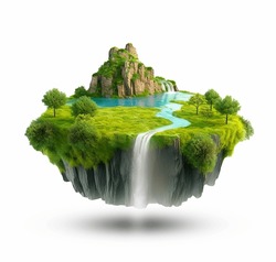 Floating Island With Lake And Waterfalls, Trees, Green Grass, River. Floating Island With Blue Water And Mountains, Cliffs. Flying Island Landscape.