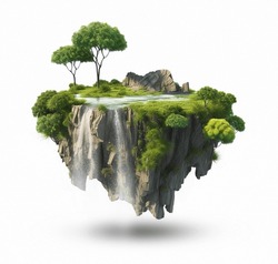 Floating Island With Lake And Waterfalls, Trees, Green Grass, River. Isolated On White Background. Surrealism Of Flying Island With Waterfalls And Trees, Landscape.