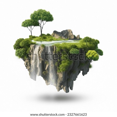 Floating island with lake and waterfalls, trees, green grass, river. Isolated on white background. Surrealism of Flying island with waterfalls and trees, landscape. Сток-фото © 